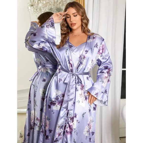 Plus Size Floral Nightgown & Pajama Set with Suspender - Picture 3 of 5